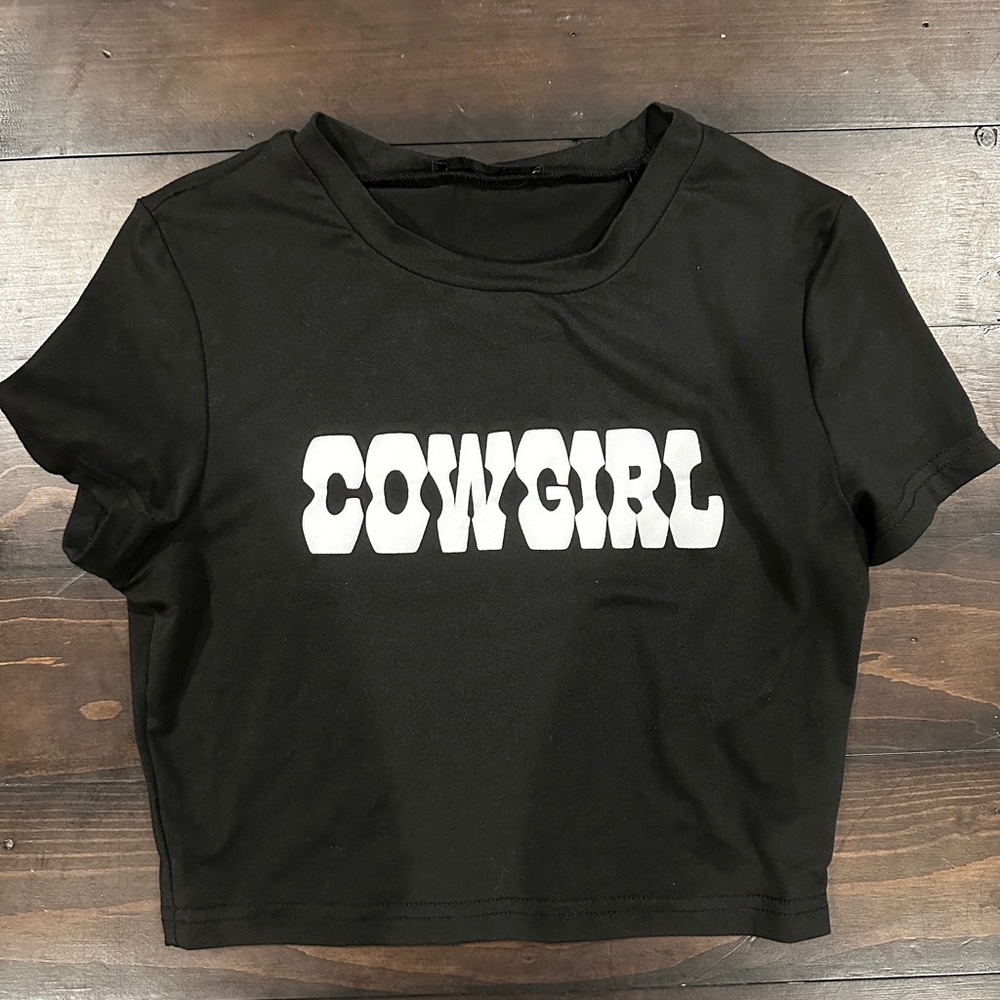 Black 'Cowgirl' Graphic Crop Top